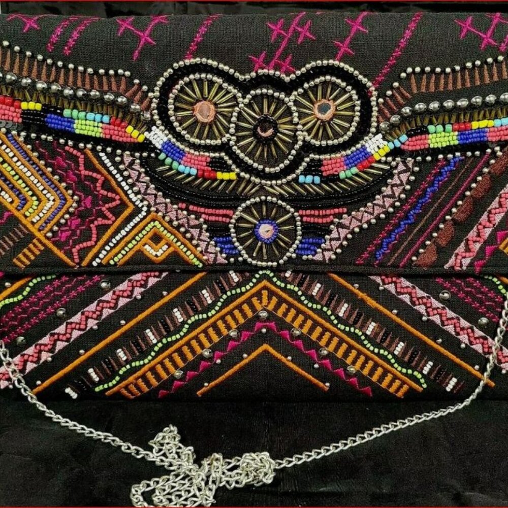 Aphorism Cross Body Purse Bead and Embroidery Multicolored Slimline